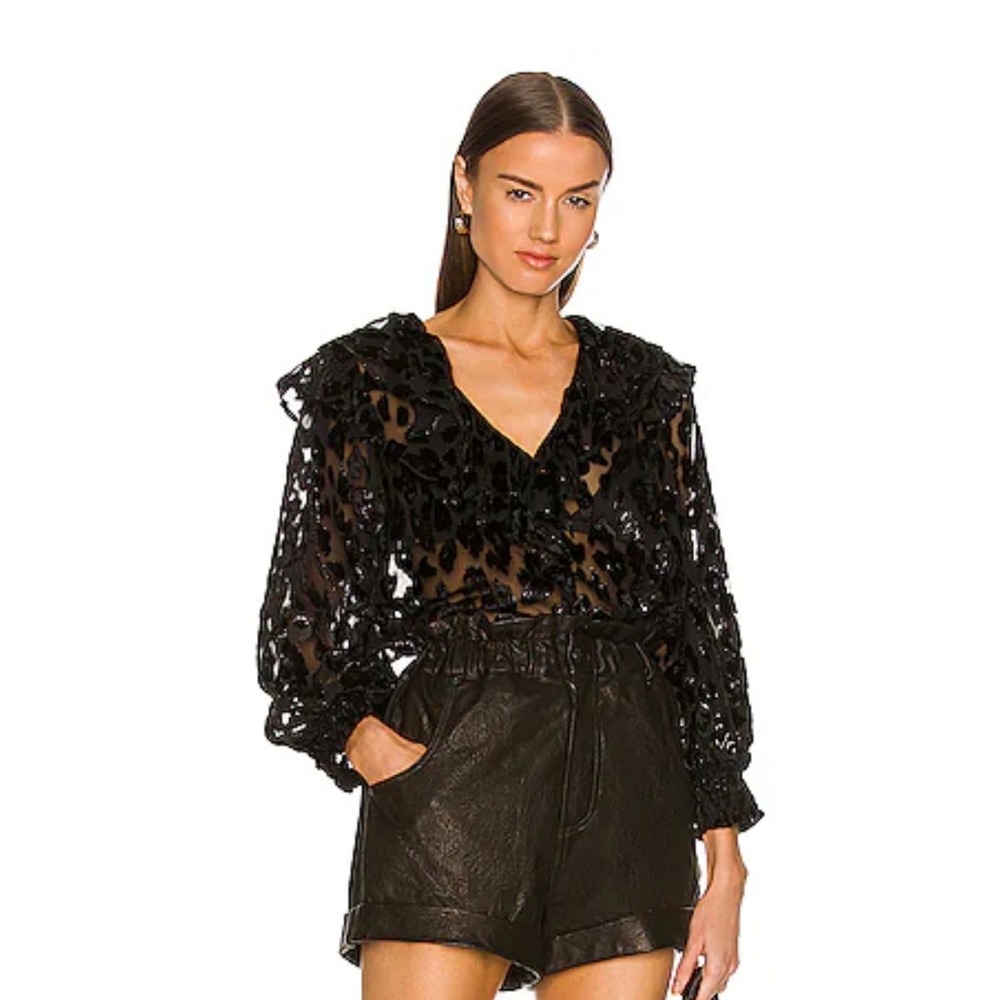 Alice + Olivia Black Devore Leopard Ruffle Blouse Sheer Velvet Top XS V-Neck
